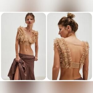 Free People tan gold metallic ruffle chiffon plunge front crop top size XS new‎